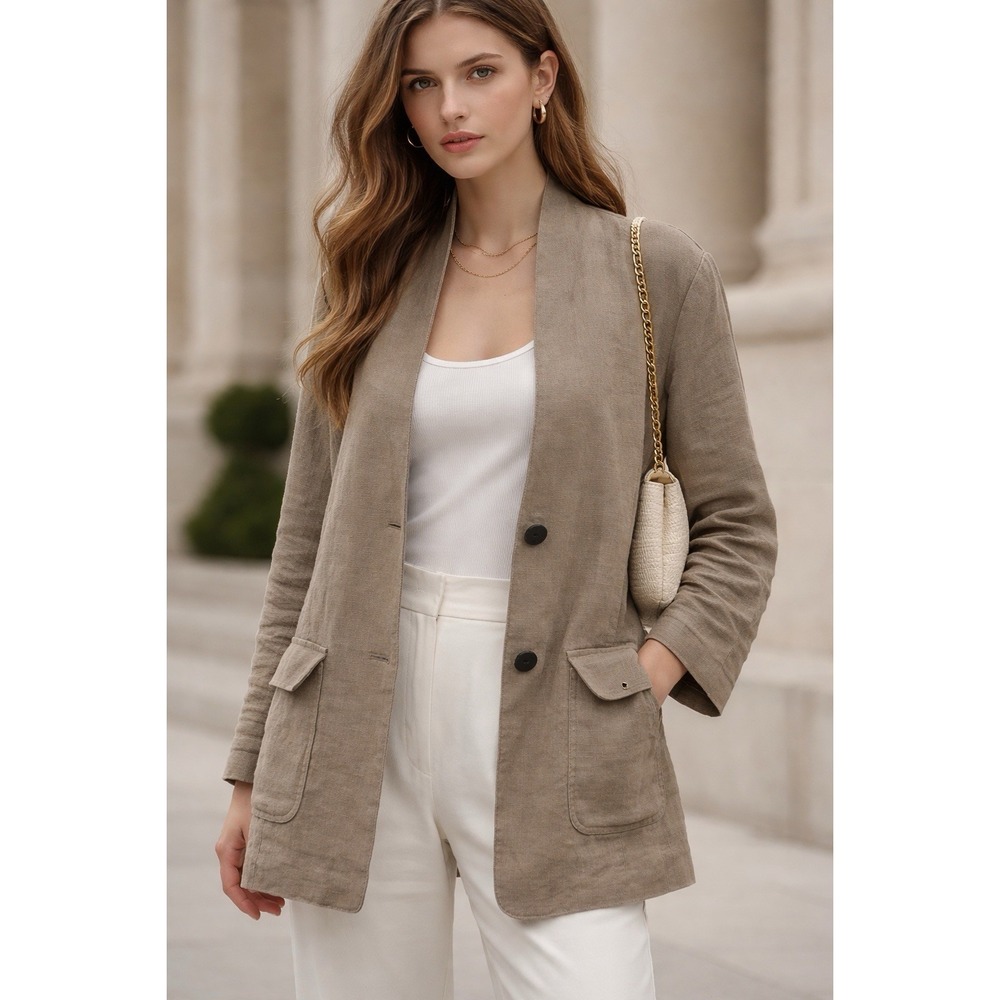 Coldwater Creek 100% Linen Blazer Classic Tan Minimalist Academia Y2K Size 10-12